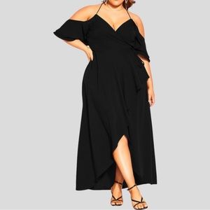 City Chic Maxi Wrap Dress Large 20 Black Ruffled Sleeves Lined Cold Shoulders